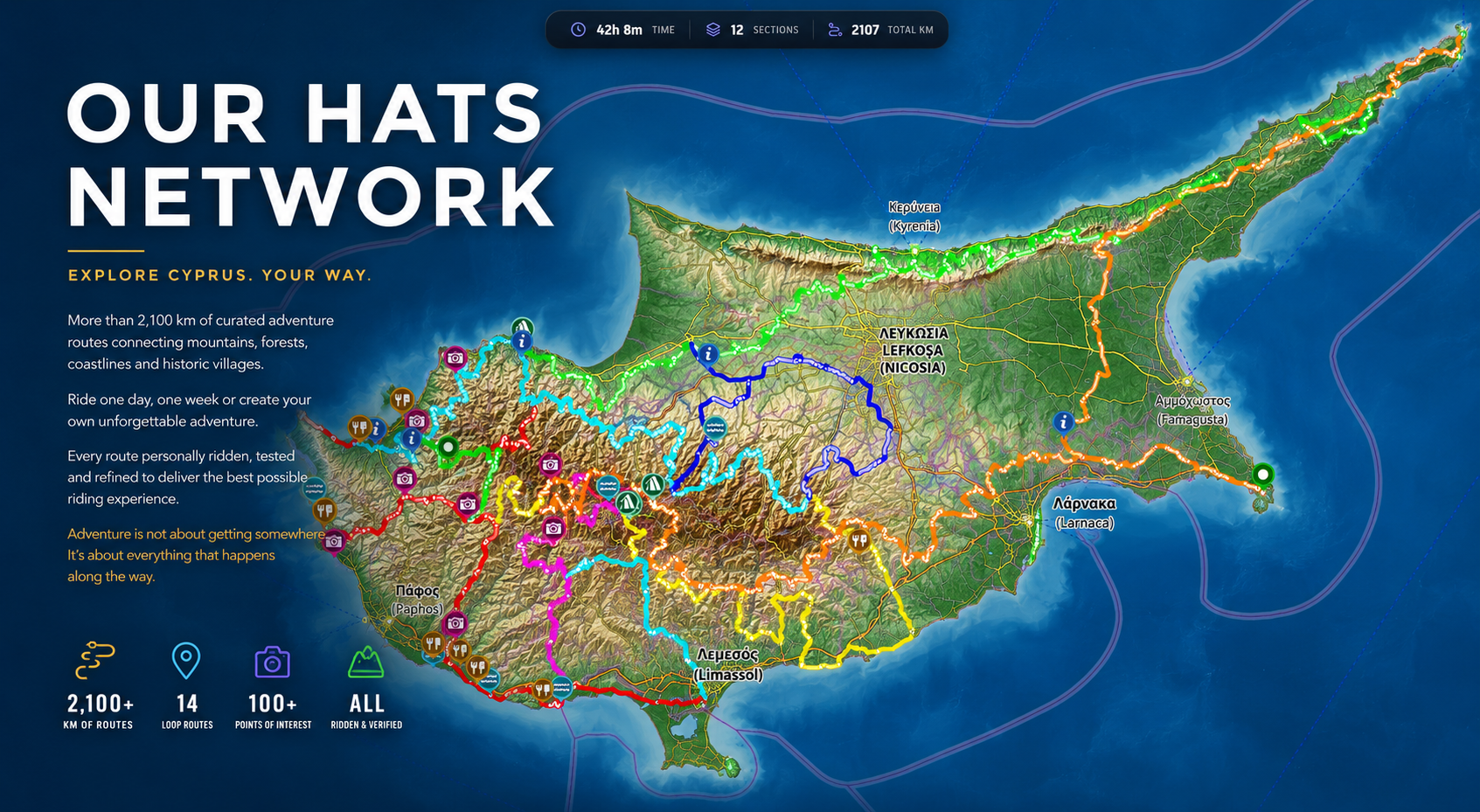 Map of the HATs adventure motorcycle route network across Cyprus